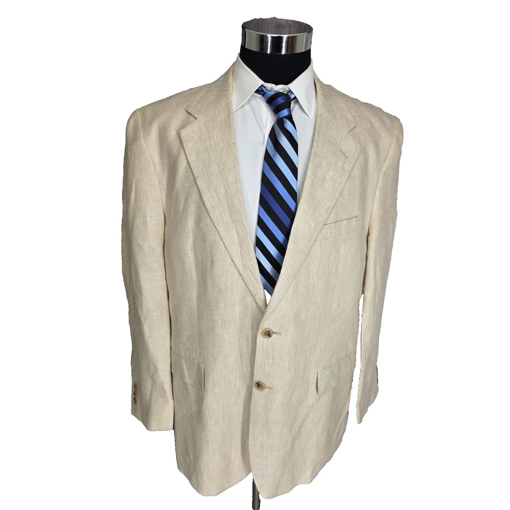 Alan Flusser Blazer Mens 44R Beige Herringbone Sports Coat Jacket 2 Buttons *